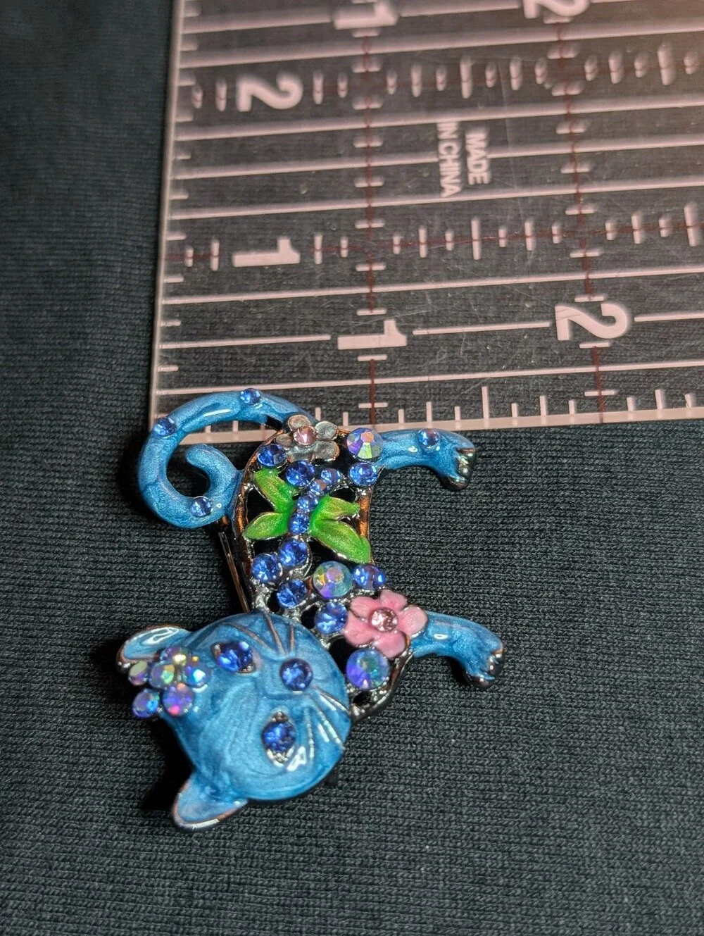 Blue Jeweled Cat Brooch - Decorative Floral Cat Pin